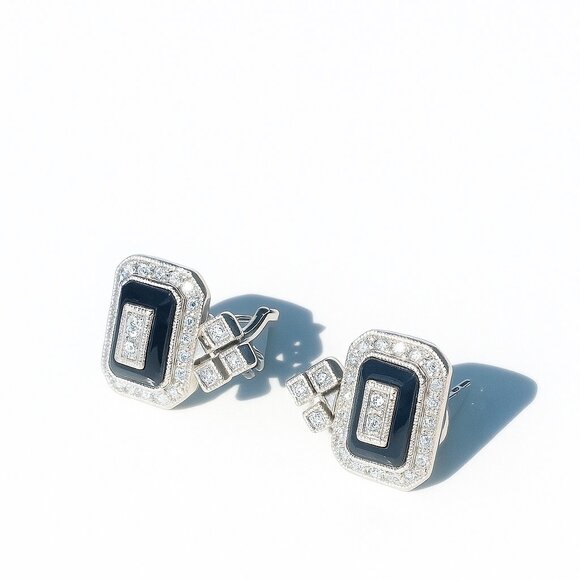 QJM 14K White Gold Natural Diamond & Onyx Earrings 1.5 CWT — Unworn Custom Made - Picture 3 of 5